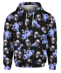 Blue Skulls & Roses Pattern Hoodie Full Printed - Wonder Skull