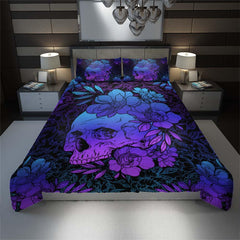 Dark Blue Gradient Floral Skull Duvet Cover Set - Wonder Skull