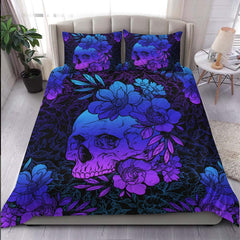 Dark Blue Gradient Floral Skull Duvet Cover Set - Wonder Skull