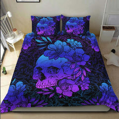 Dark Blue Gradient Floral Skull Duvet Cover Set - Wonder Skull