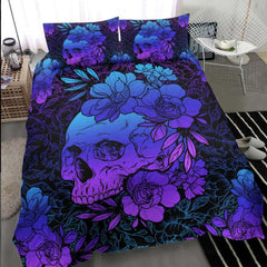 Dark Blue Gradient Floral Skull Duvet Cover Set - Wonder Skull