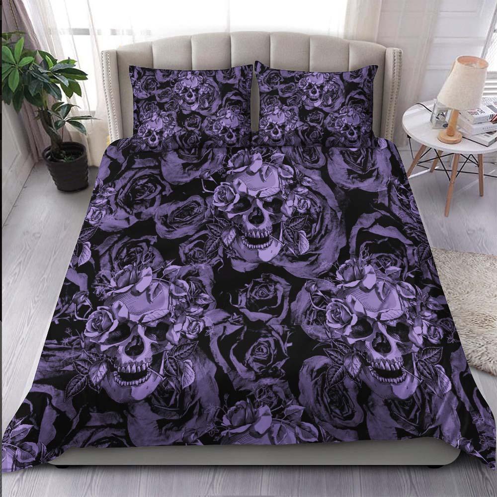 Dark Purple Skull With Roses Art Duvet Cover Set - Wonder Skull