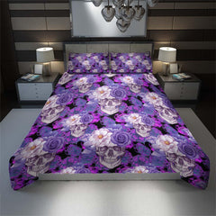 Dark Violet Floral Skull Pattern Duvet Cover Set - Wonder Skull