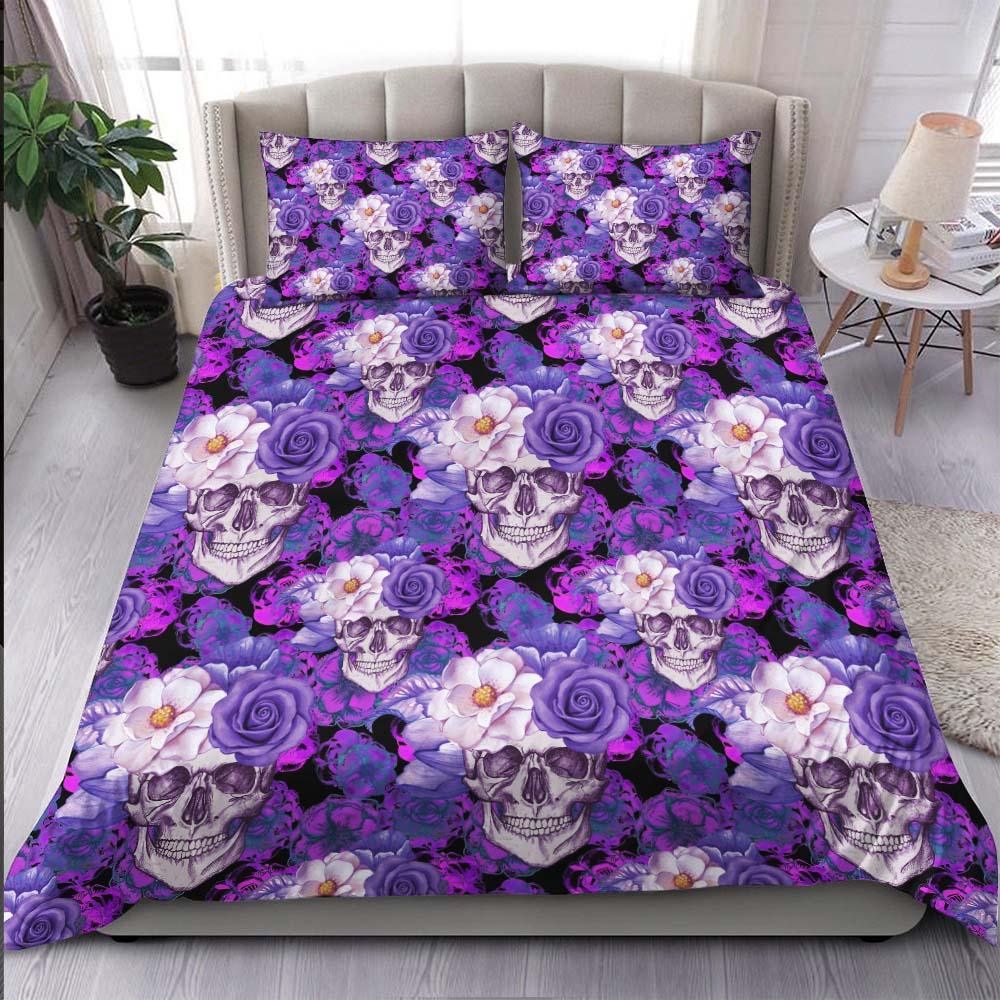 Dark Violet Floral Skull Pattern Duvet Cover Set - Wonder Skull