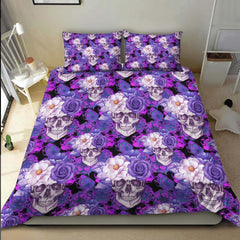 Dark Violet Floral Skull Pattern Duvet Cover Set - Wonder Skull