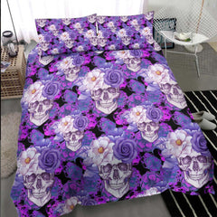 Dark Violet Floral Skull Pattern Duvet Cover Set - Wonder Skull