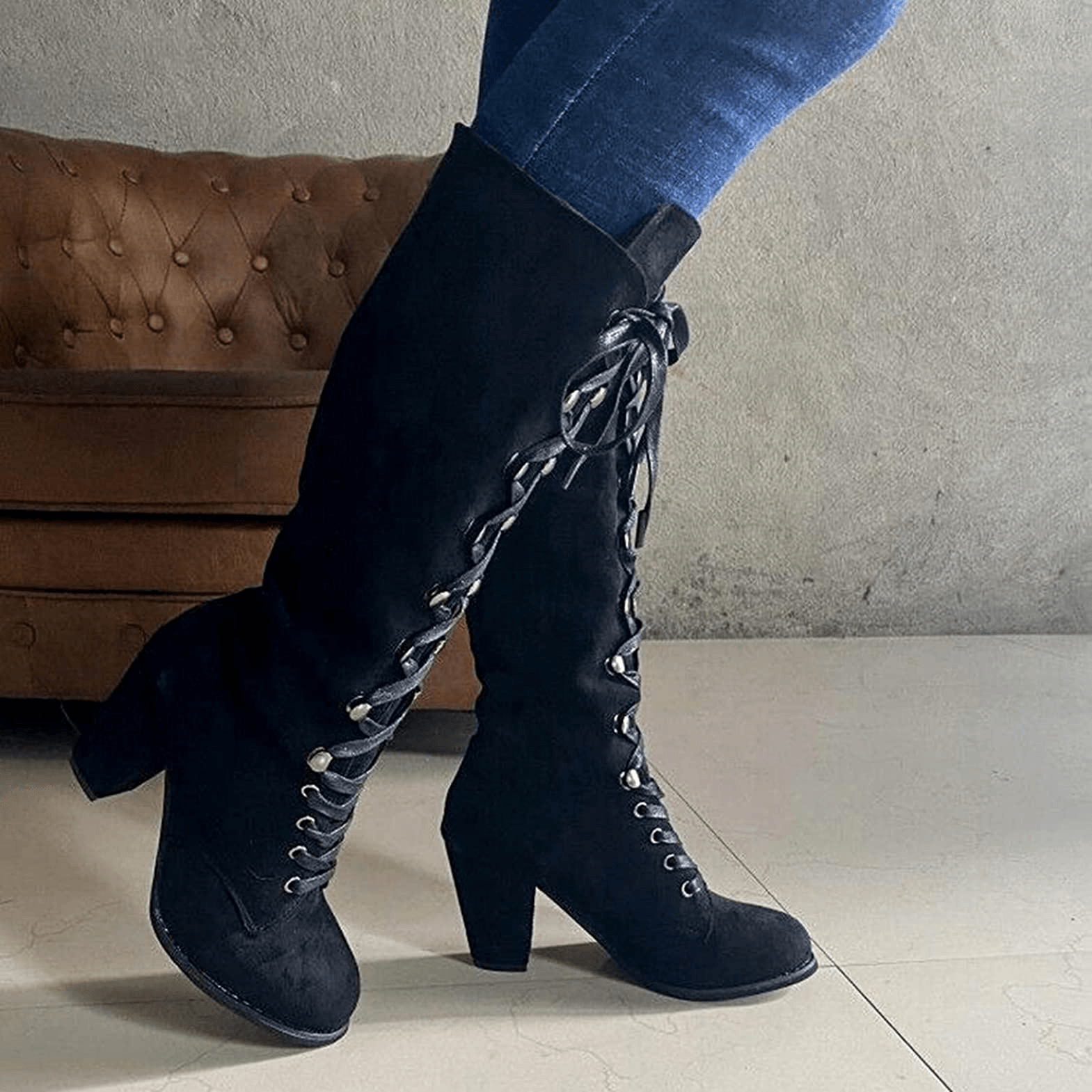 Front Lace-up Rider Boots, Coolest Leather High Neck Shoes For Women - Wonder Skull