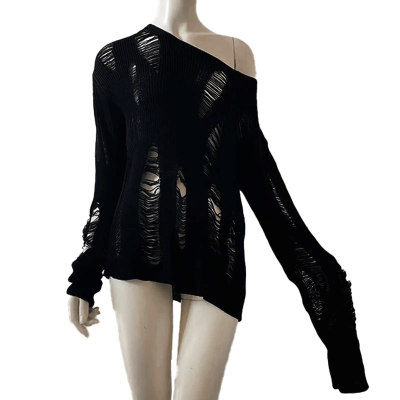 Goth Black Hole Knit Sweaters, Cool Hollow Out Pullover Top For Women - Wonder Skull