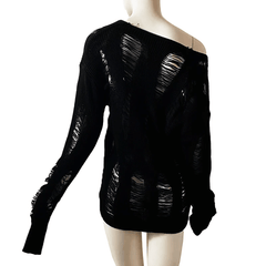 Goth Black Hole Knit Sweaters, Cool Hollow Out Pullover Top For Women - Wonder Skull