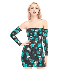 Skull Cyan Rose Off-shoulder Back Lace-up Dress - Wonder Skull