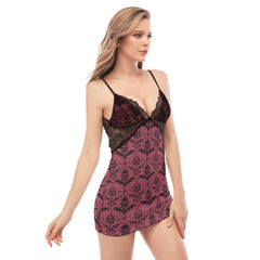 Crossbones Skull And Bat Red Lace Chemise Nightgown - Wonder Skull