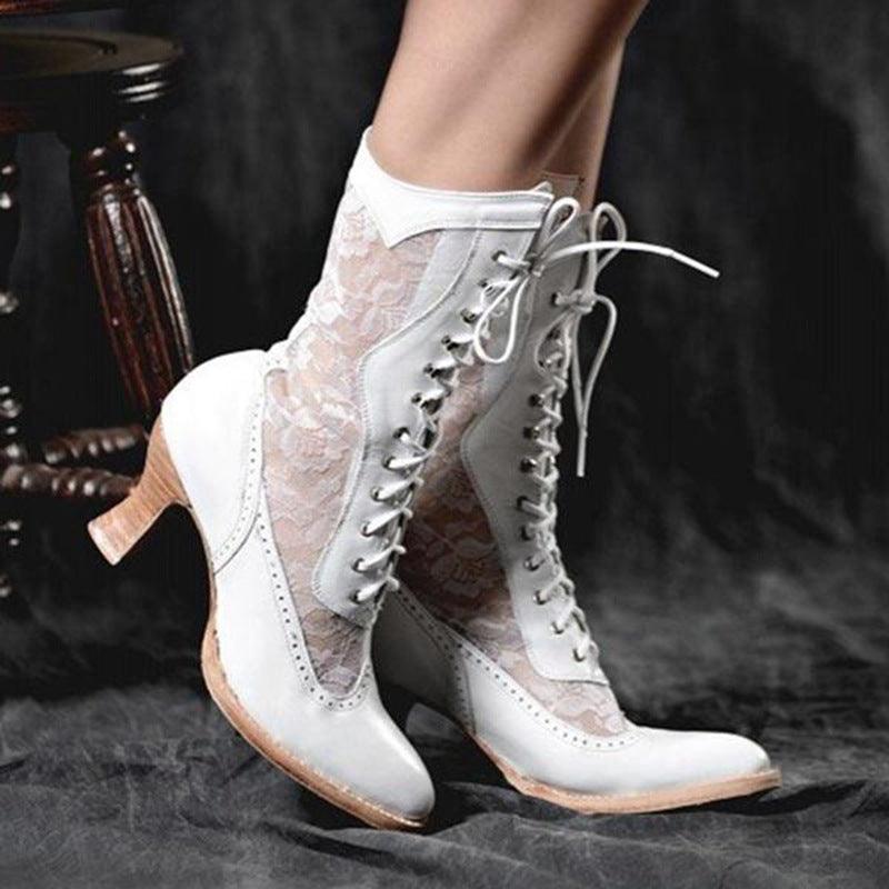 British Style Lace-paneled Boots With Front Lace-up - Wonder Skull
