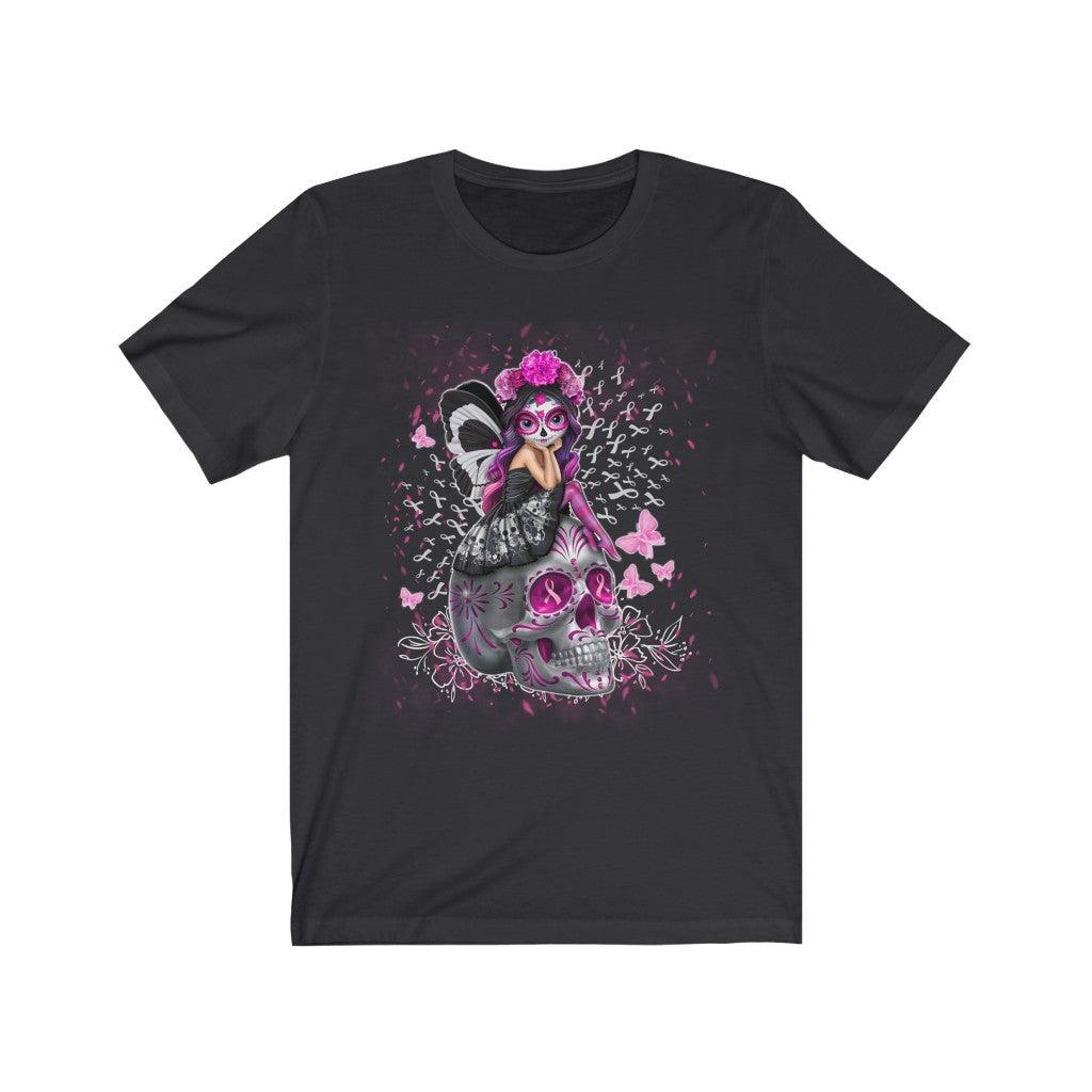 Cute Fairy Pink Sugar Skull Breast Cancer Ribbon T-Shirt - Wonder Skull