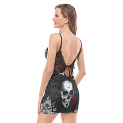 Skull Biting Rose Lace Chemise Nightgown - Wonder Skull