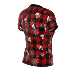 Snowflake And Skull Red Flannel All Over Print T-shirt For Women - Wonder Skull