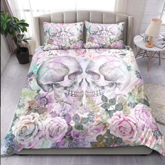 Skull Couple Love With Flower Duvet Cover Set - Wonder Skull