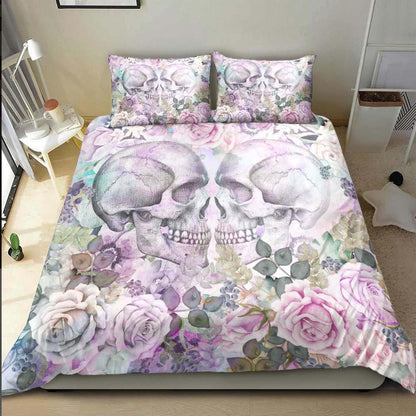 Skull Couple Love With Flower Duvet Cover Set - Wonder Skull