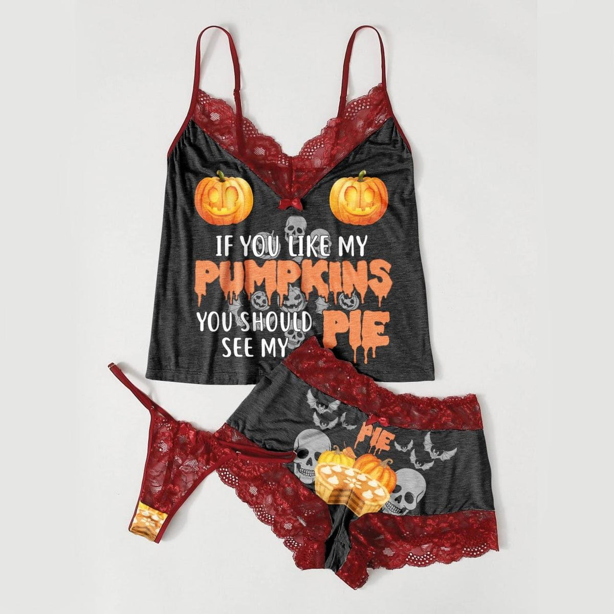 Funny Pumpkin Halloween Sexy Lace Short Pajama Set - Wonder SKull