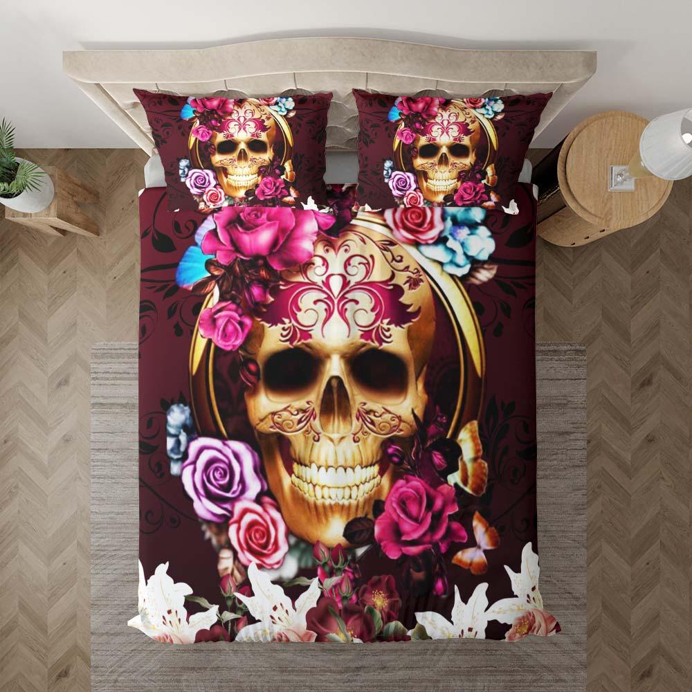 Gold Skull Red Flower Duvet Cover Set - Wonder Skull