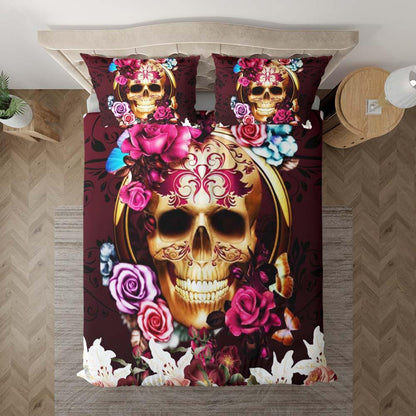 Gold Skull Red Flower Duvet Cover Set - Wonder Skull