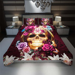 Gold Skull Red Flower Duvet Cover Set - Wonder Skull