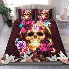 Gold Skull Red Flower Duvet Cover Set - Wonder Skull