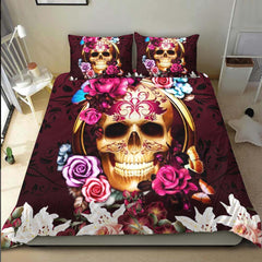 Gold Skull Red Flower Duvet Cover Set - Wonder Skull