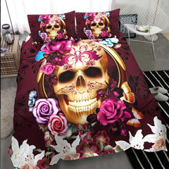 Gold Skull Red Flower Duvet Cover Set - Wonder Skull