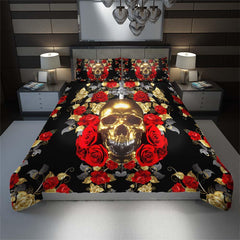 Gold Skull Rose Duvet Cover Set - Wonder Skull