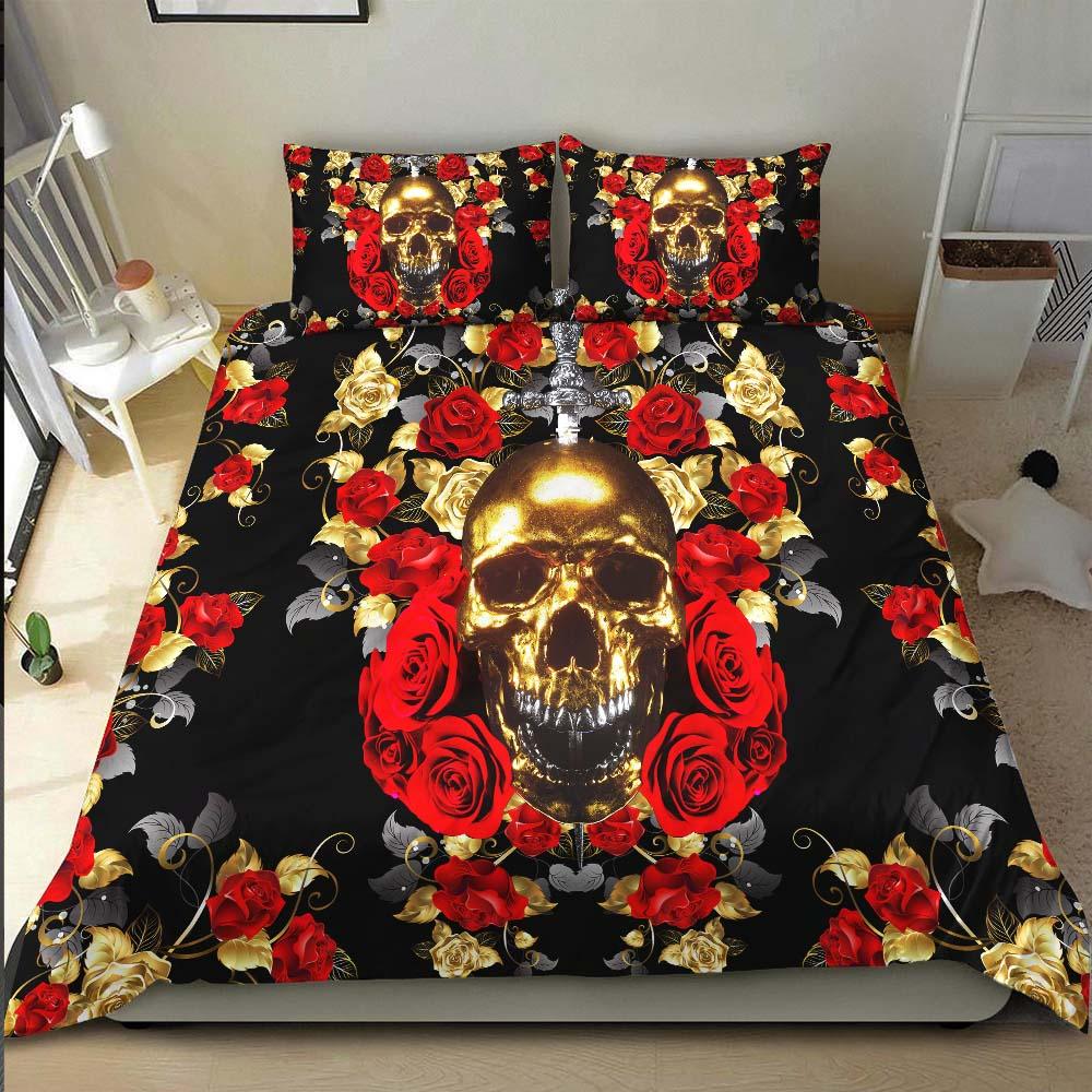 Gold Skull Rose Duvet Cover Set - Wonder Skull