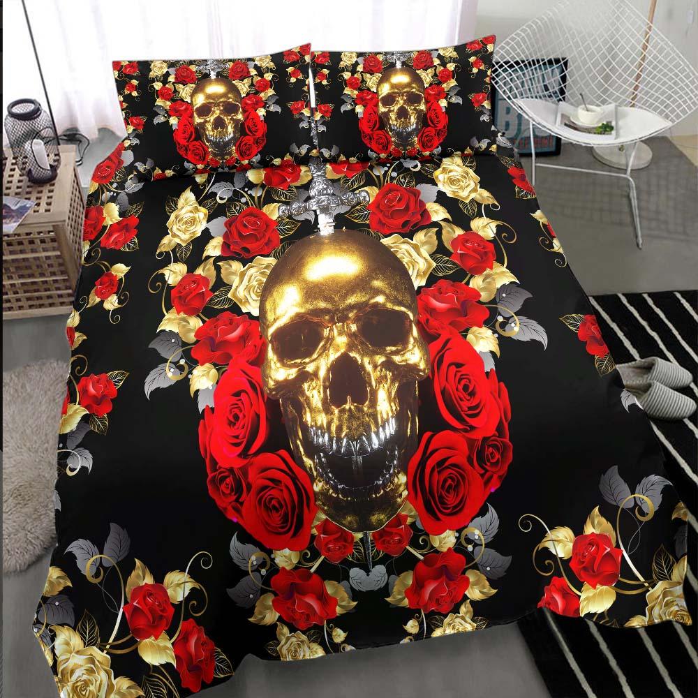 Gold Skull Rose Duvet Cover Set - Wonder Skull