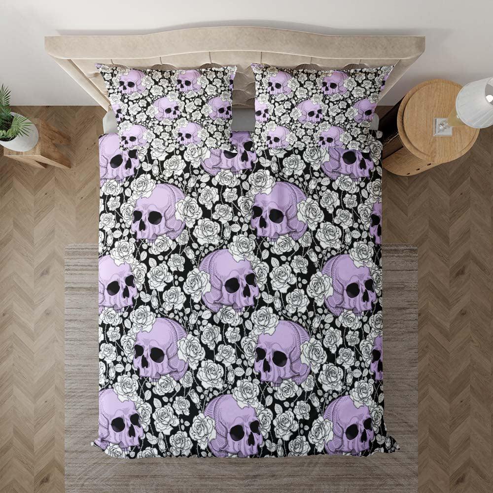 Gothic Light Violet Skull Rose Pattern Duvet Cover Set - Wonder Skull