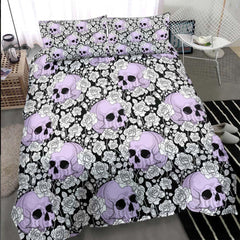 Gothic Light Violet Skull Rose Pattern Duvet Cover Set - Wonder Skull