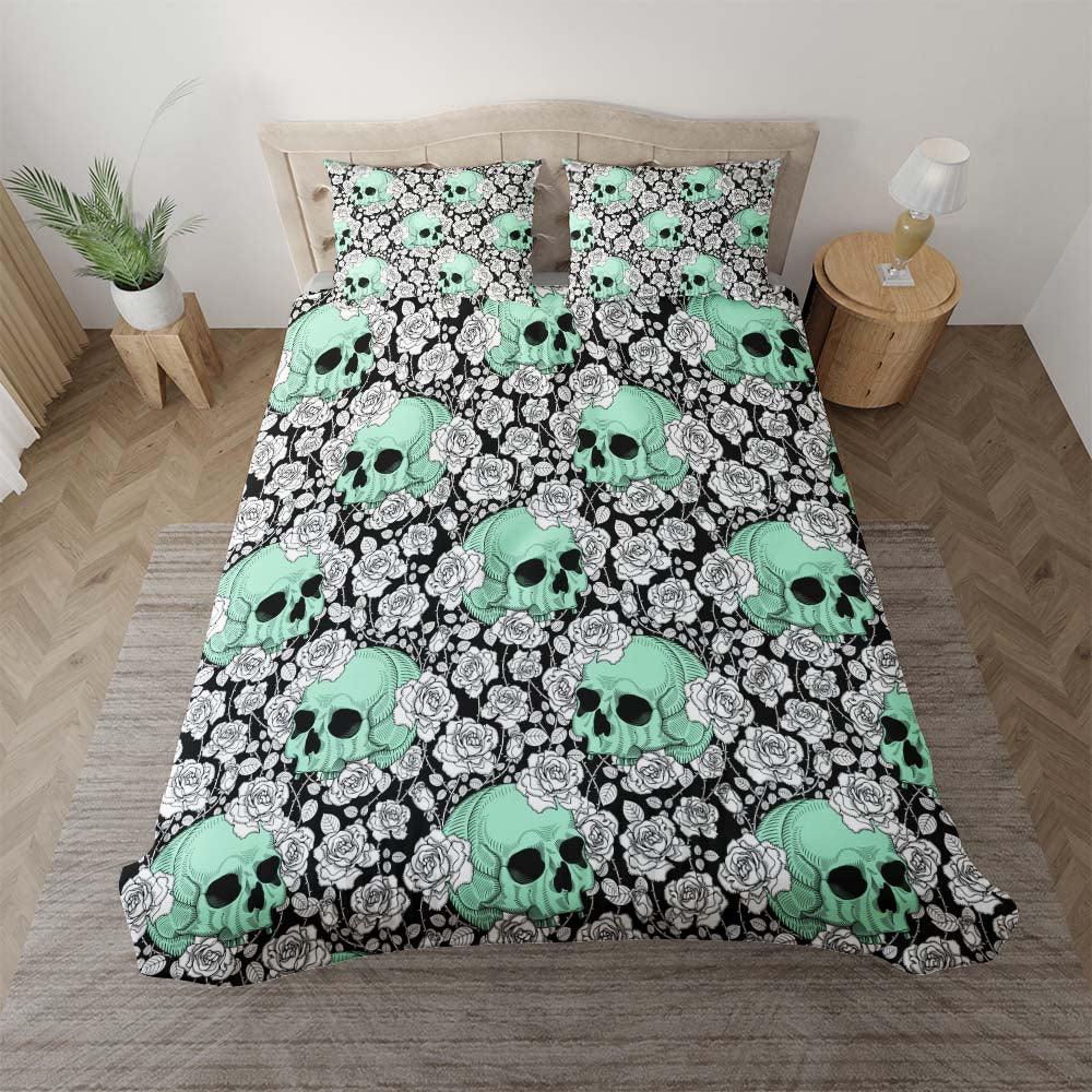 Gothic Lime Green Skull Rose Pattern Duvet Cover Set - Wonder Skull
