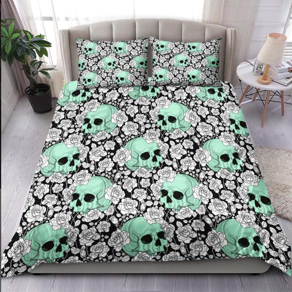 Gothic Lime Green Skull Rose Pattern Duvet Cover Set - Wonder Skull