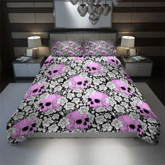 Gothic Magenta Skull Rose Pattern Duvet Cover Set - Wonder Skull