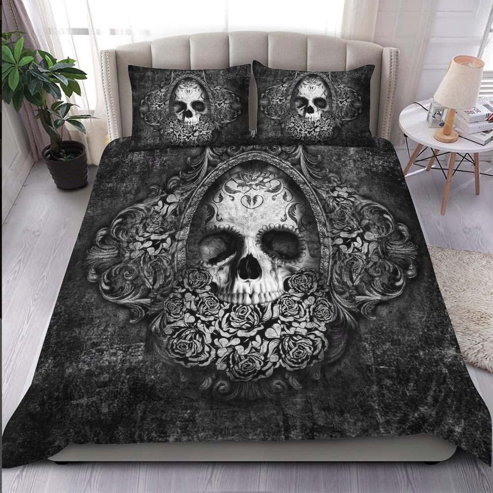 Gothic Mirror Skull Rose Duvet Cover Set - Wonder Skull