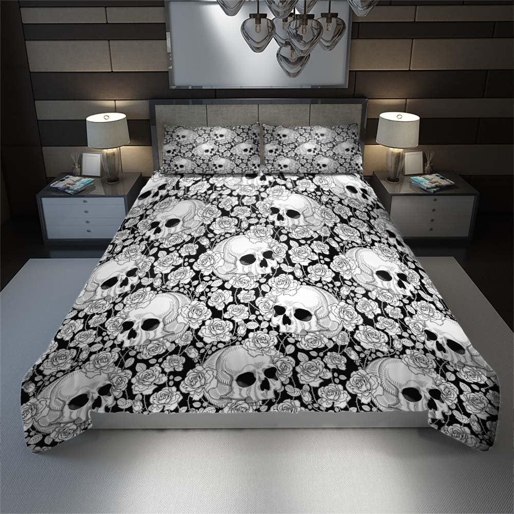 Gothic White Skull Rose Pattern Duvet Cover Set - Wonder Skull