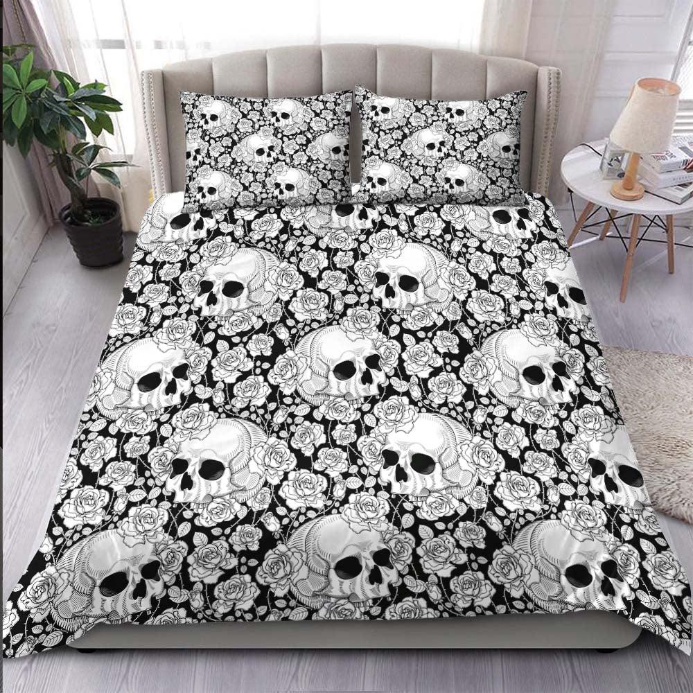 Gothic White Skull Rose Pattern Duvet Cover Set - Wonder Skull
