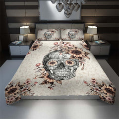 Grayish Orange Sunflower Sugar Skull Duvet Cover Set - Wonder Skull