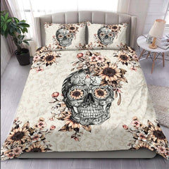 Grayish Orange Sunflower Sugar Skull Duvet Cover Set - Wonder Skull