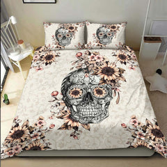 Grayish Orange Sunflower Sugar Skull Duvet Cover Set - Wonder Skull