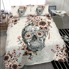 Grayish Orange Sunflower Sugar Skull Duvet Cover Set - Wonder Skull