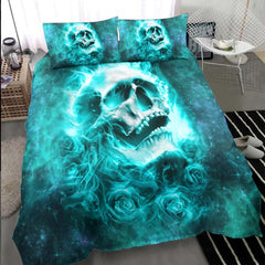 Green Flame Skull Rose Duvet Cover Set - Wonder Skull