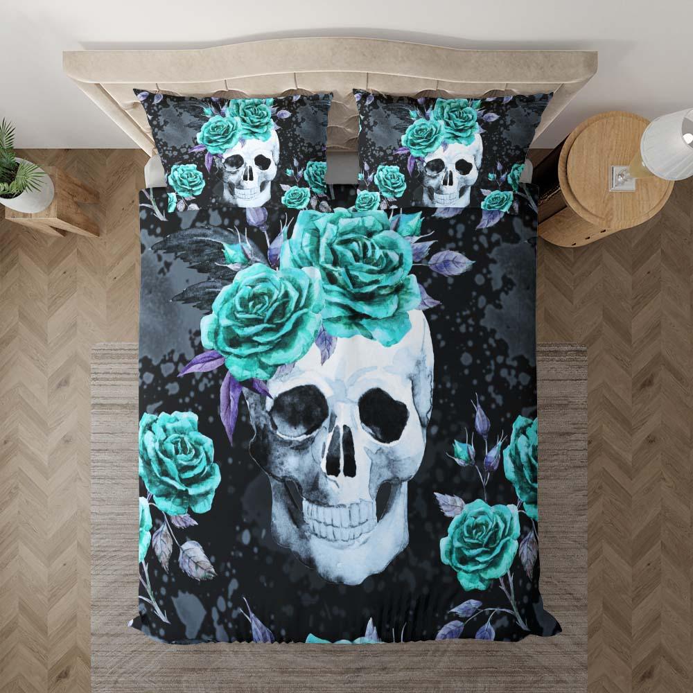 Green Flower With Skull Duvet Cover Set - Wonder Skull