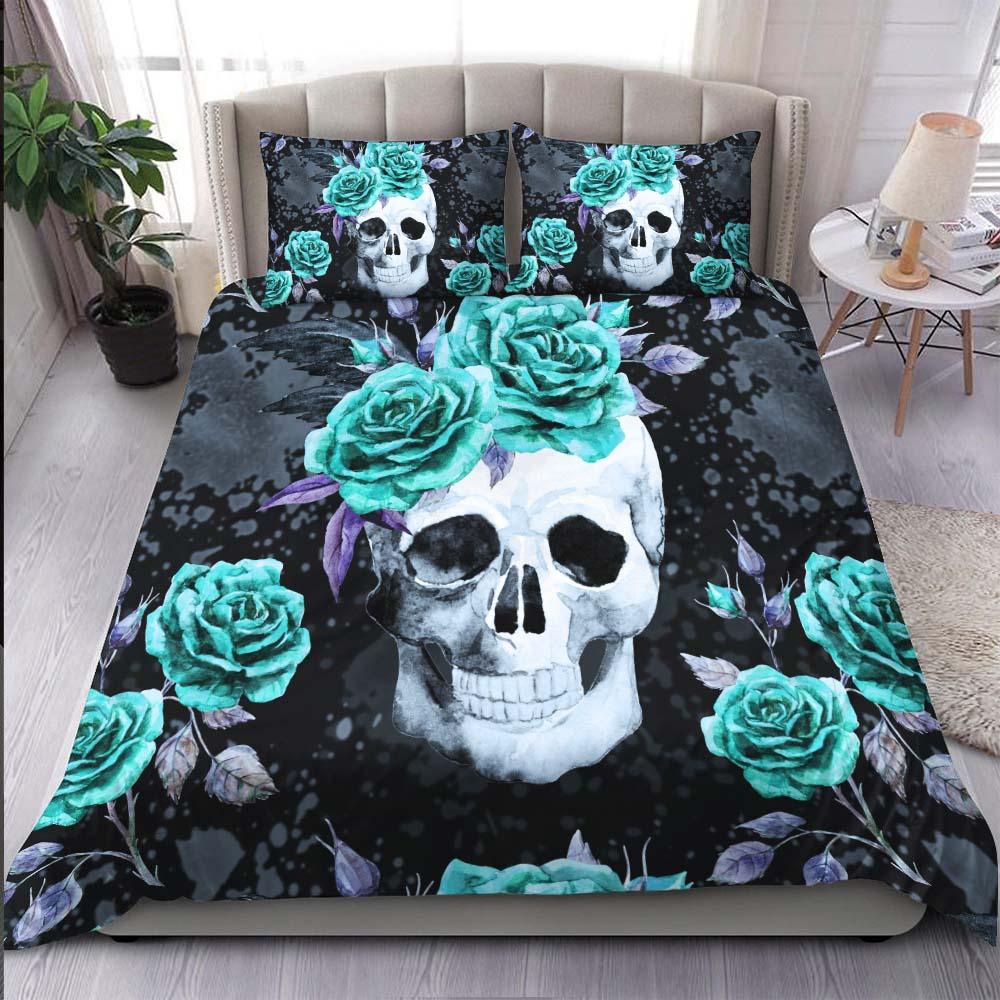 Green Flower With Skull Duvet Cover Set - Wonder Skull