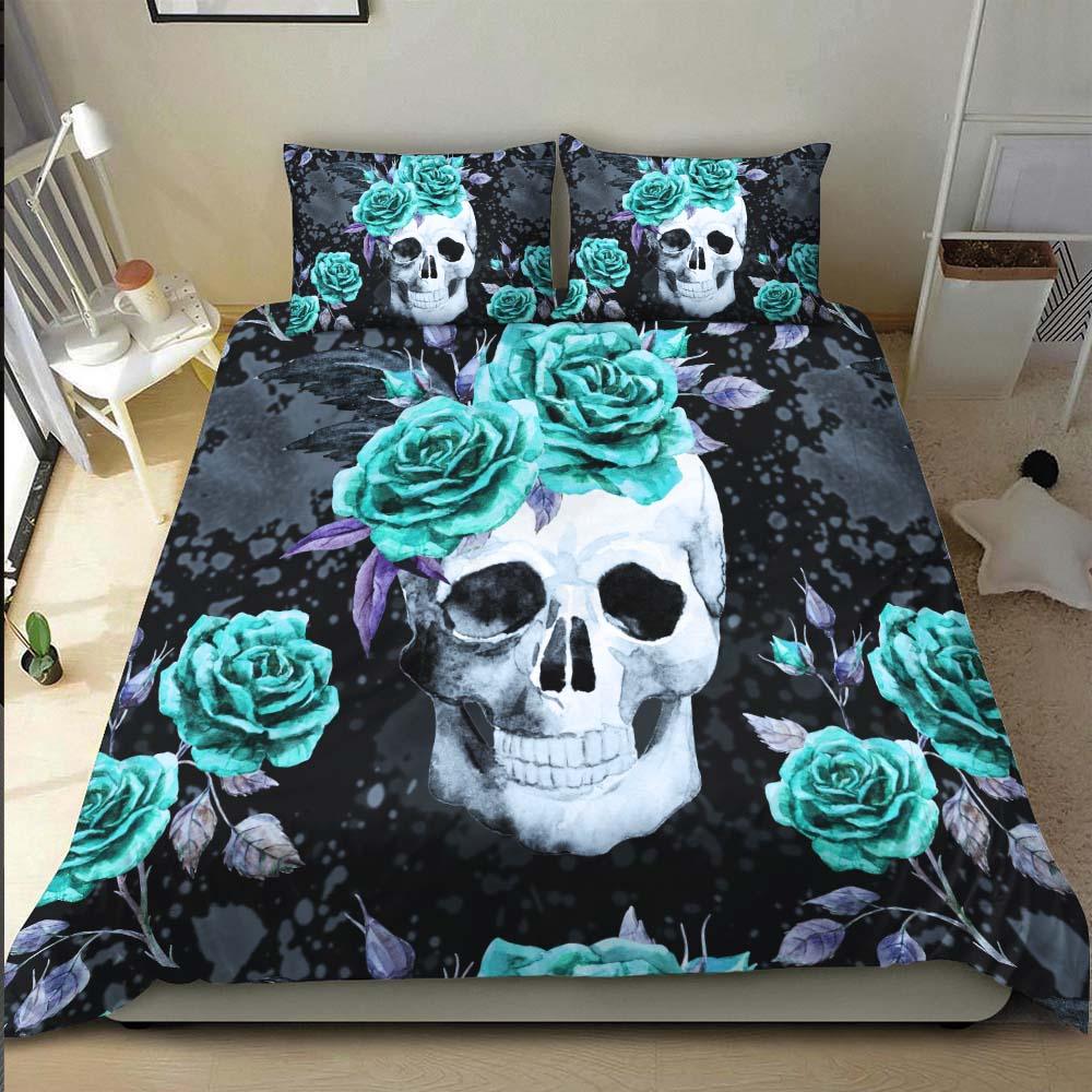 Green Flower With Skull Duvet Cover Set - Wonder Skull