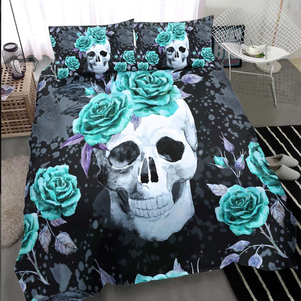 Green Flower With Skull Duvet Cover Set - Wonder Skull