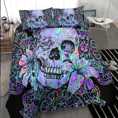 Holographic Mandala Skull Lily Flowers Duvet Cover Set - Wonder Skull