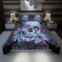 Holographic Mandala Skull Lily Flowers Duvet Cover Set - Wonder Skull